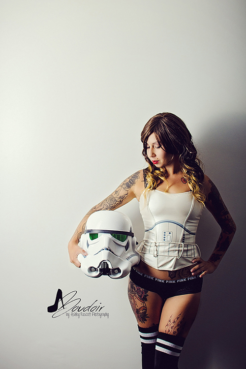 sexy stormtrooper with helmet off, star wars boudoir