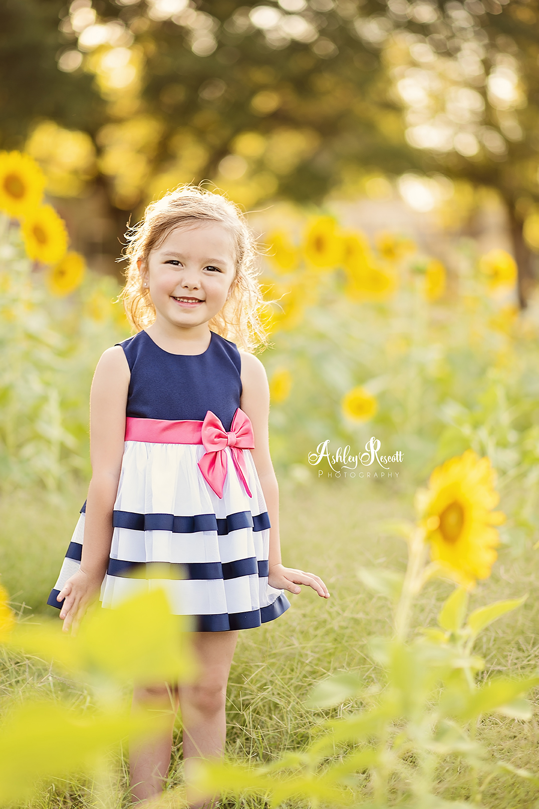 little girl standing in sunflower field
