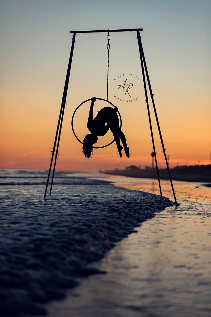 sunset beach aerialist session, silhouette, lyra